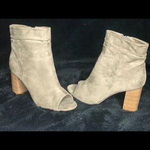 Open toed tan suede above ankle booties